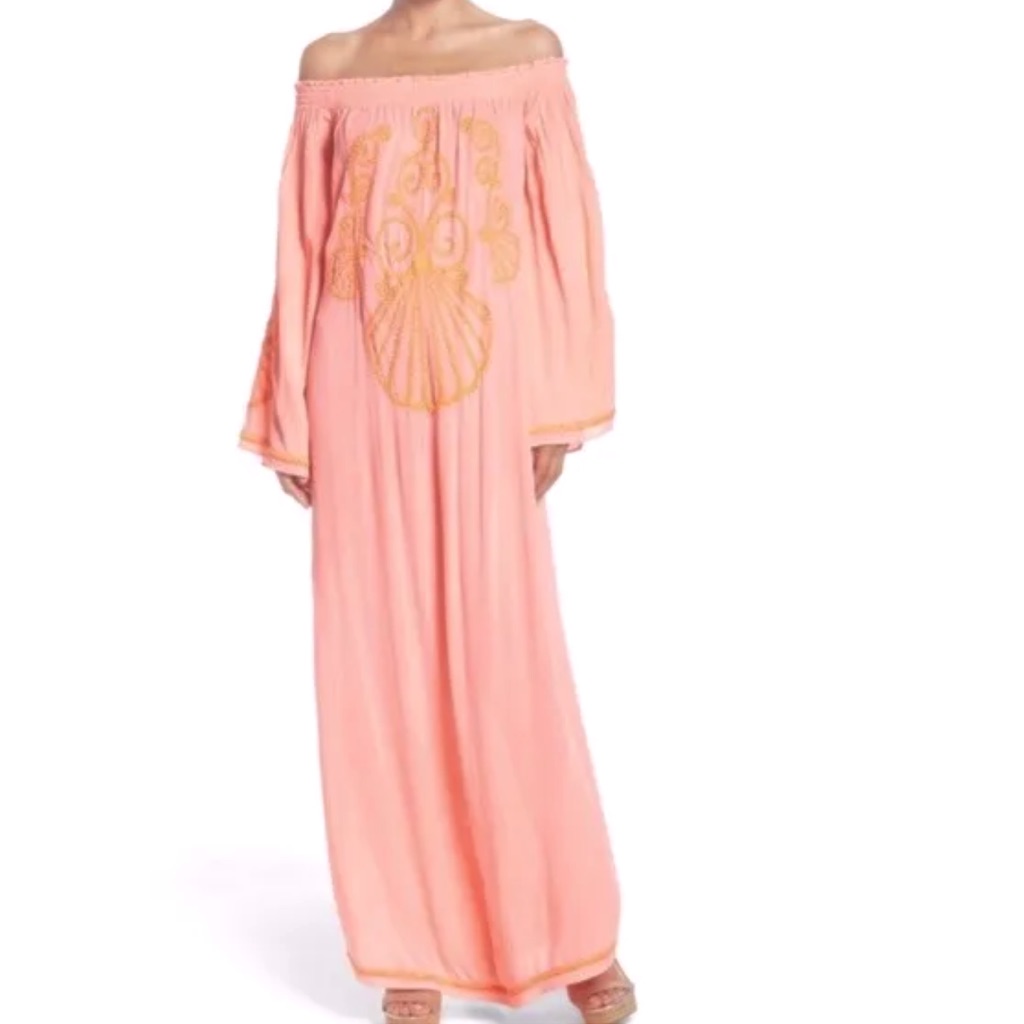Lilly Pulitzer Nita Maxi Dress Off The Shoulder Guava Melon Beads